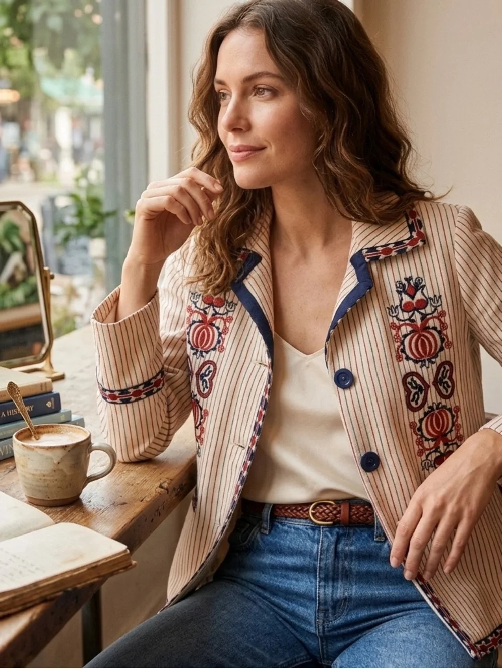 Max Studio London Natalie Embroidered Blazer Jacket L Large Cream Red Boho Folk - Picture 4 of 13